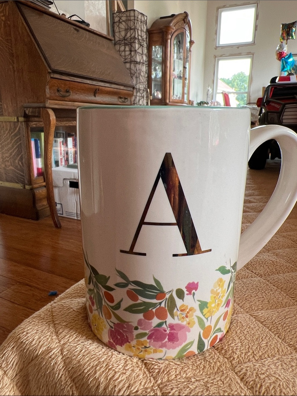 Modern Expressions Letter A Floral Ceramic Coffee Mug - White Florals & Teal